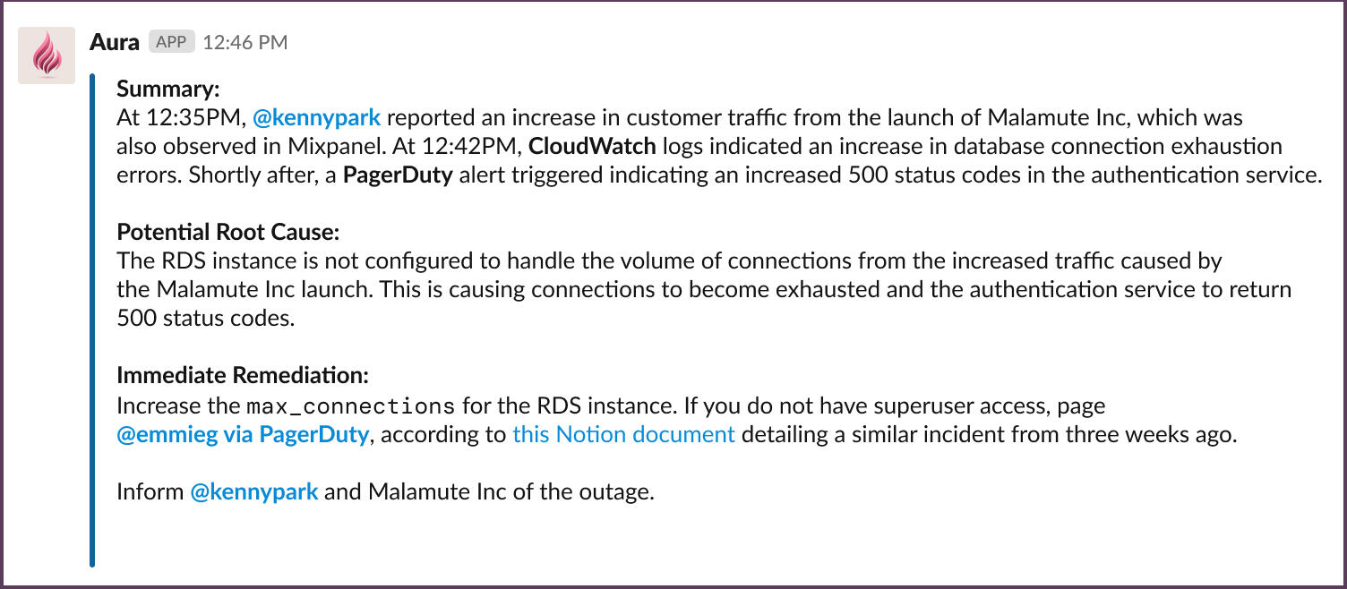 Alerts, Slack messages, and logs and metrics are summarized by Aura to provide incident response steps.